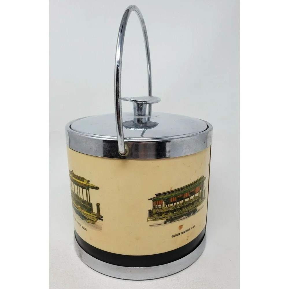 Serv-Master Ice Bucket San Francisco Trolley Cars Chrome Vintage 1960s Cream 1pc
